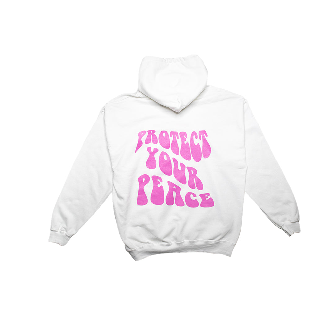 White with Pink Lettering "Protect Your Peace" Hoodie