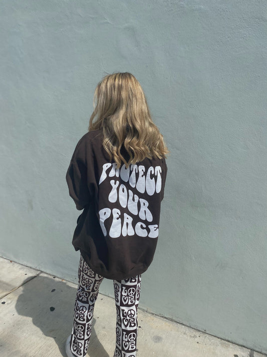 Brown "Protect Your Peace" with White Print Hoodie