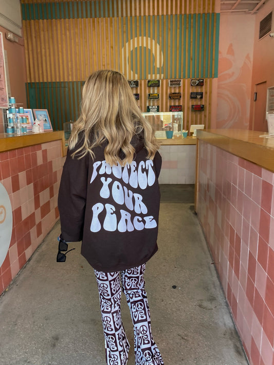 Brown "Protect Your Peace" with White Print Hoodie