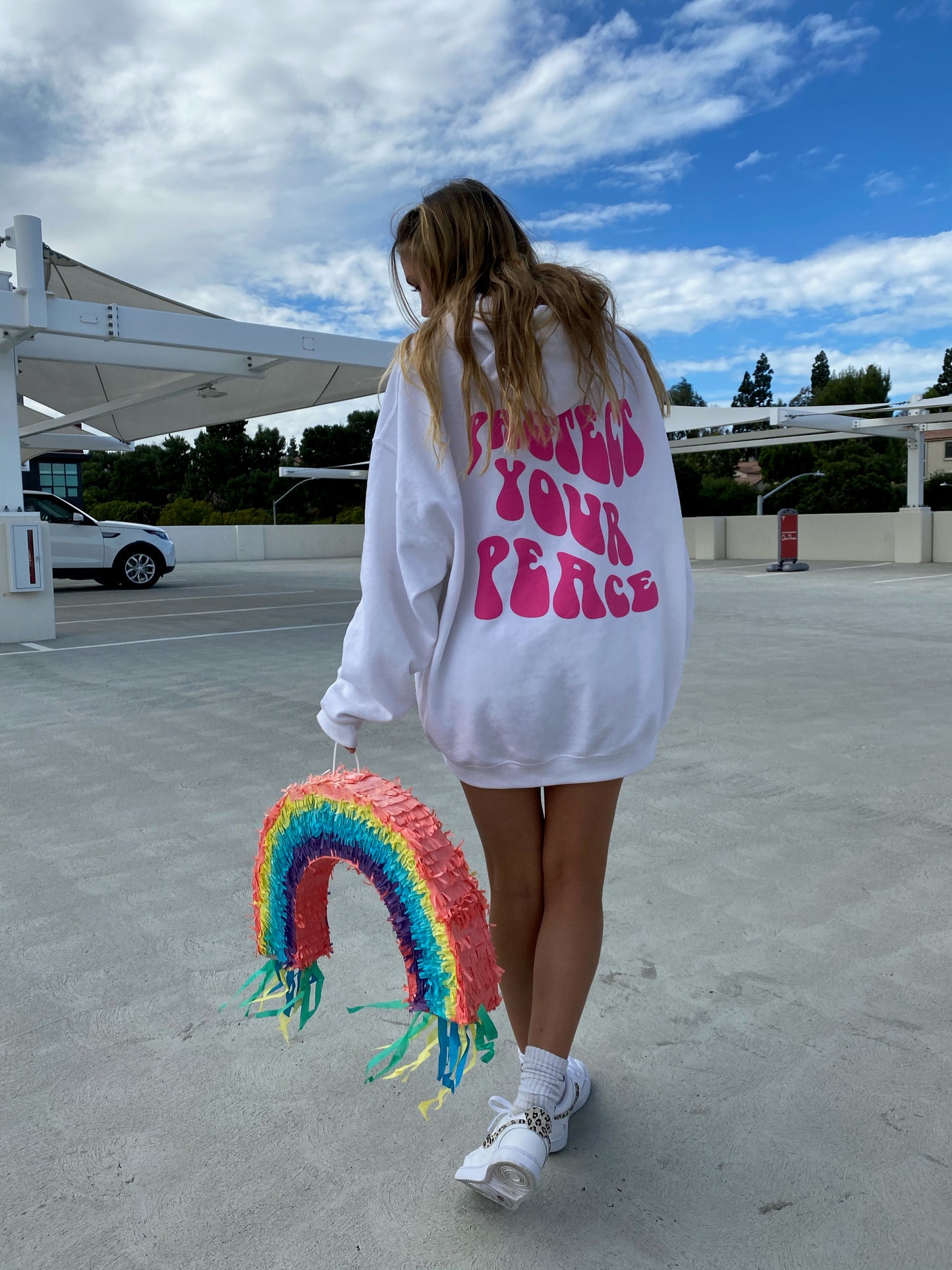 White with Pink Lettering "Protect Your Peace" Hoodie